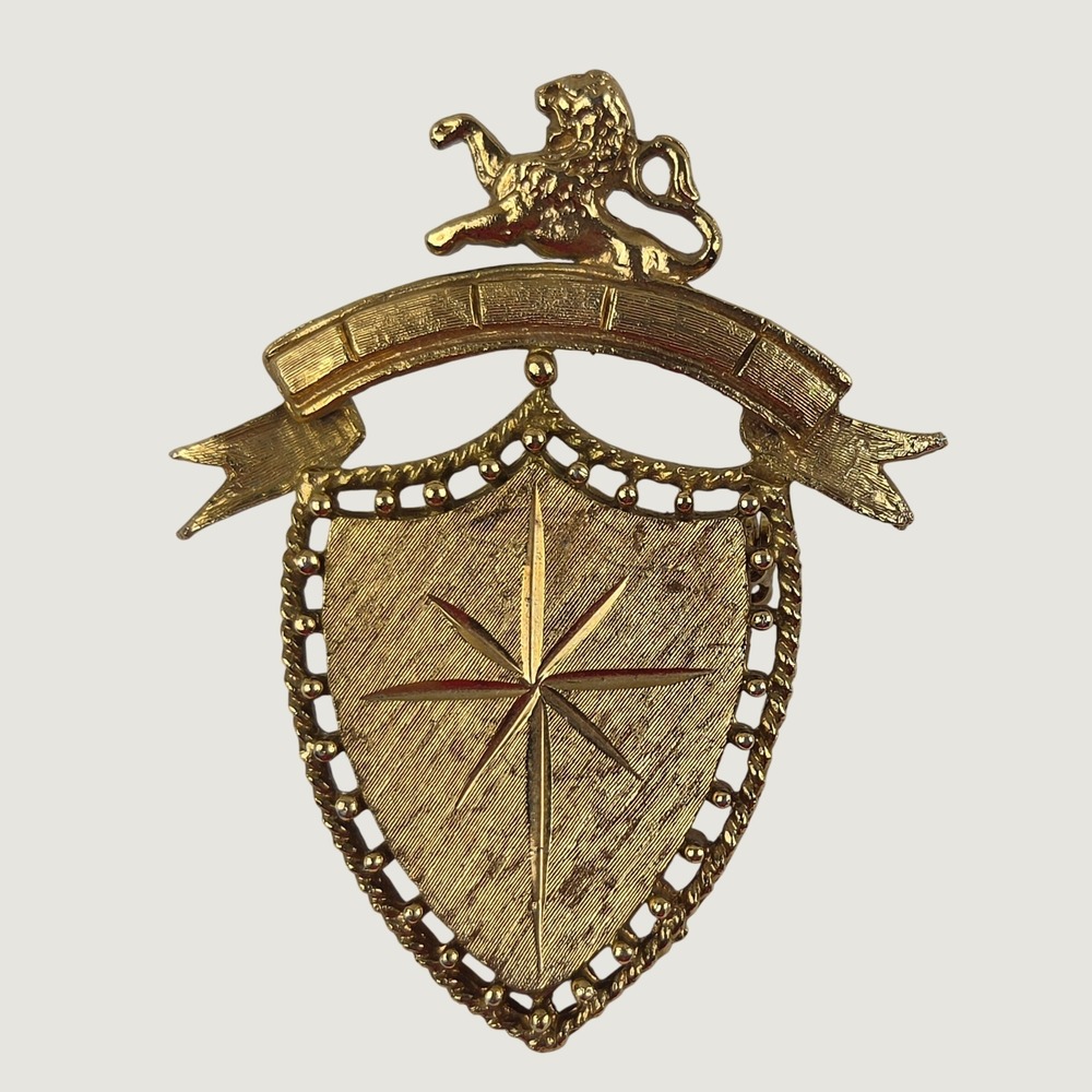 Vintage Mamselle Brooch Pin Heraldic Lion Shield Crest Royalcore Gold Tone